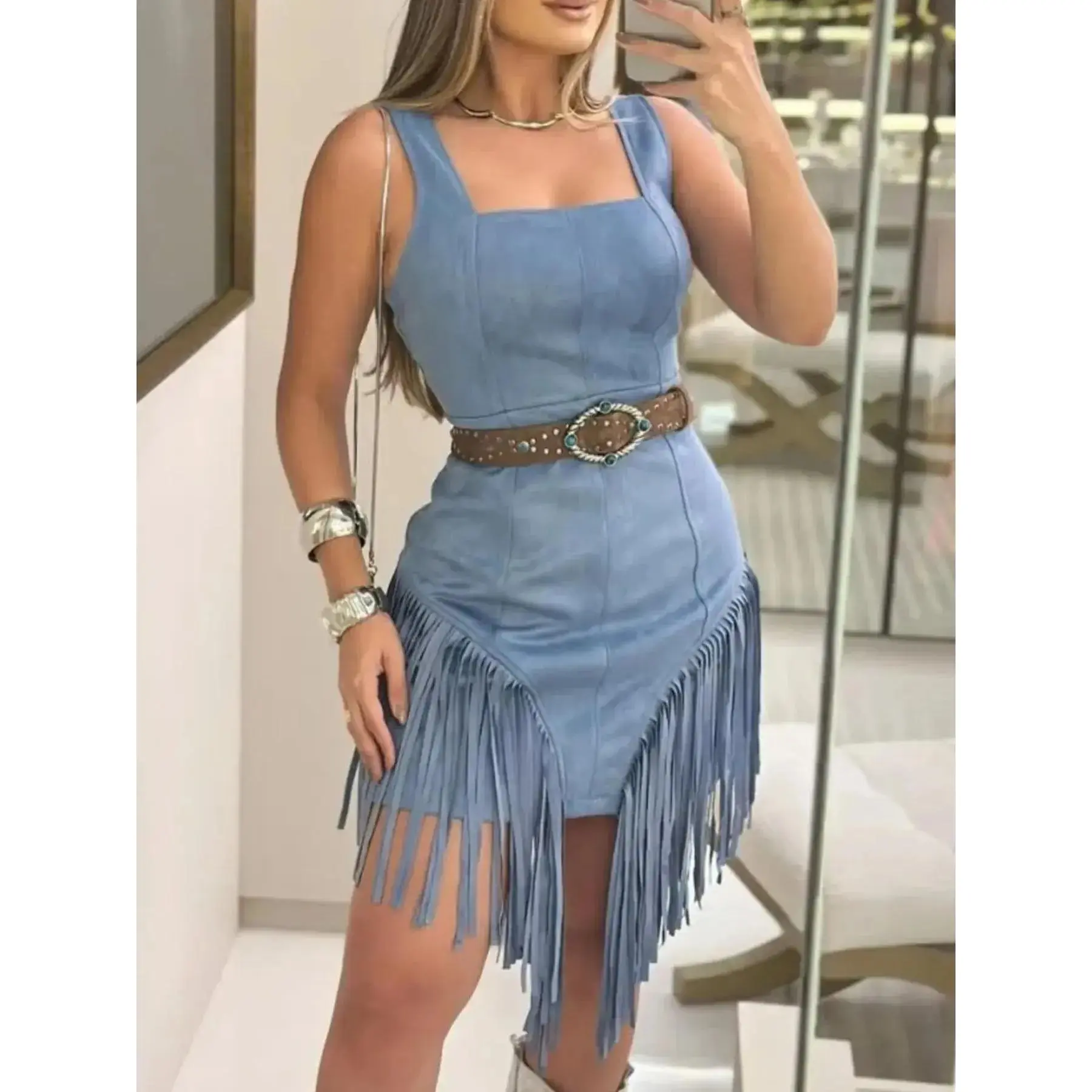 Women Baby Blue Western Cowgirl Fringe Suede Dress with Turquoise Belt - TikTok Shop Women Baby Blue Western Cowgirl Fringe Suede Dress with Turquoise Belt - TikTok Shop