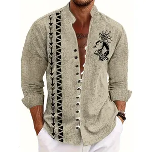Men'S Casual Beige Mandarin Collar Shirt with 3D Tribal Totem Print, 100% Polyester Woven Fabric, All-Season Regular Fit with Buttons, Non-Stretch 120gsm - Ethnic Style Outdoor Top