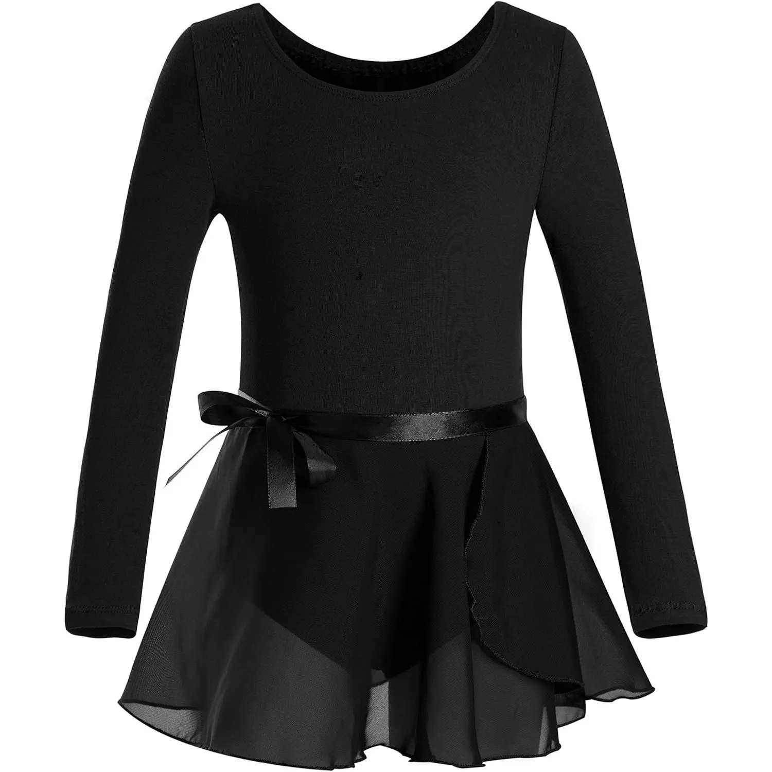 P-GCS026 Cute Girls' Child Sizes Scoop Neck Basic Long Sleeve Leotard with Skirt & Tie, Kids Ballet Dance Wear Tutu Dress, Birthday Gift