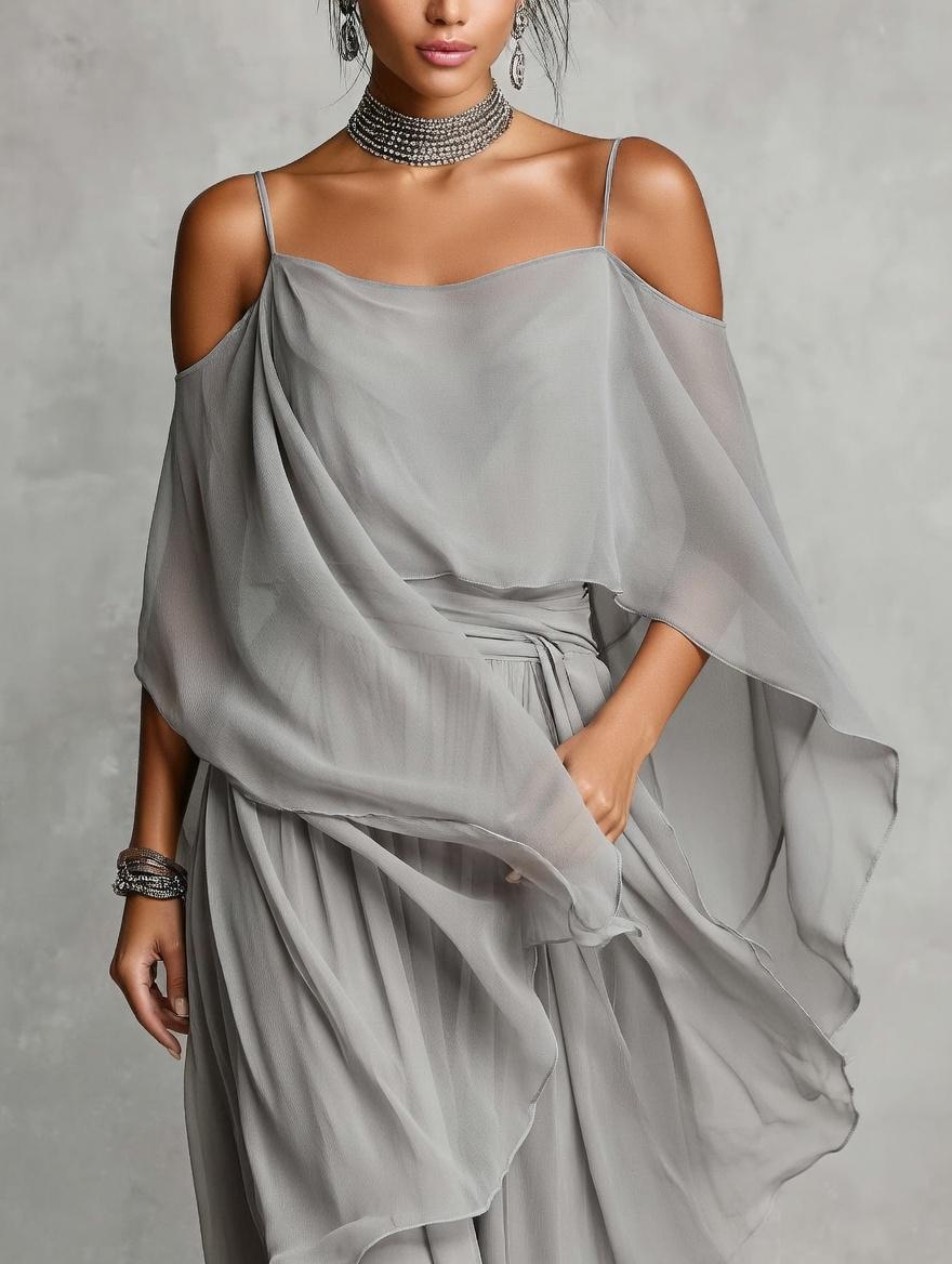 Women's Elegant 2 Piece Chiffon Pant Suit Set - Cold Shoulder Draped Top & Flowy Wide Leg Palazzo Pants Wedding Guest Outfit