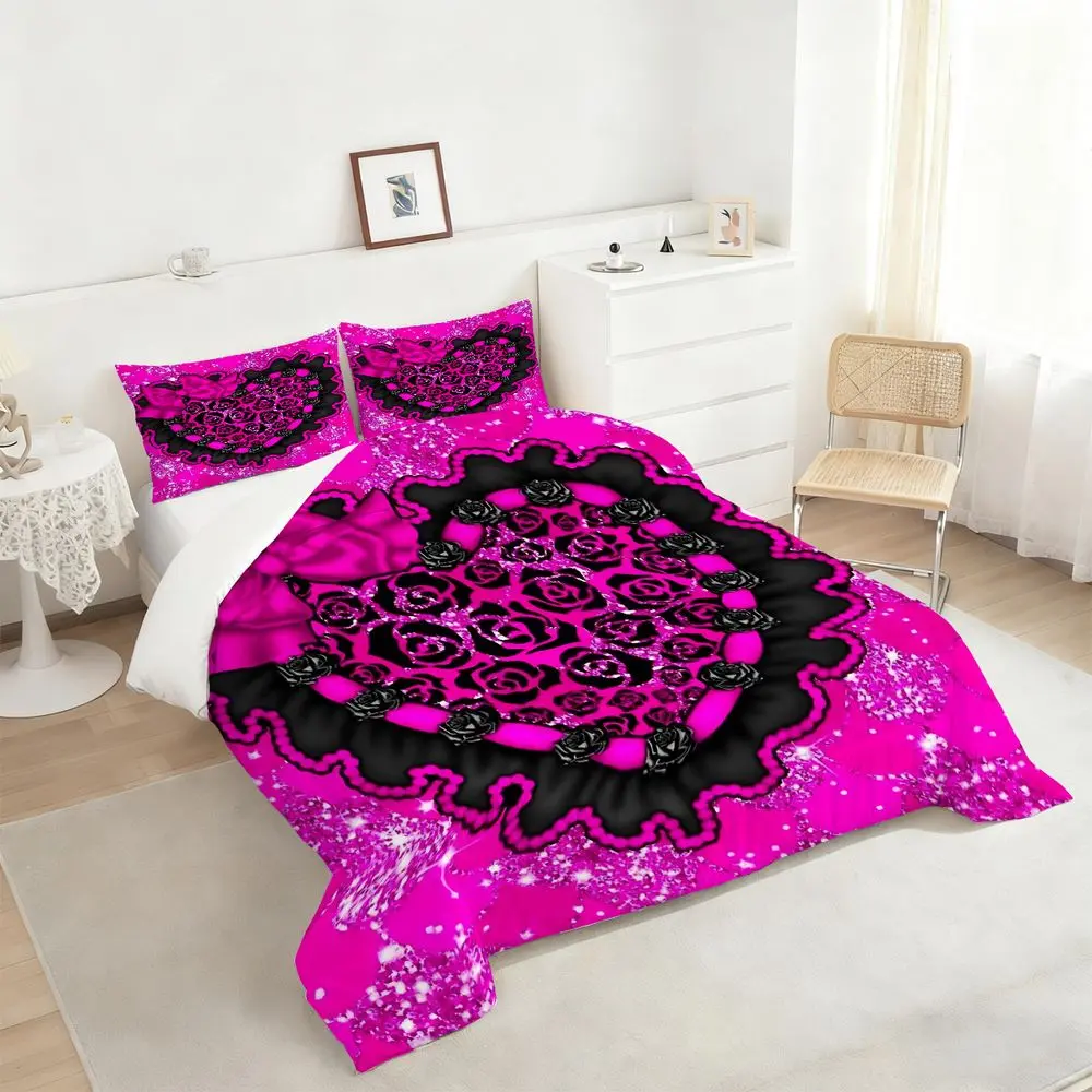 2/3Pcs Gothic Pink Glitter Heart Comforter Set, Vibrant Y2K Aesthetic Bedding Set, Luxurious Soft Fabric, Perfect for Trendy Bedroom Decor, Sparkly Floral Design, Ideal for Teen and Young Adult Spaces. 1 or 2 Pillowcase No Pillow Core