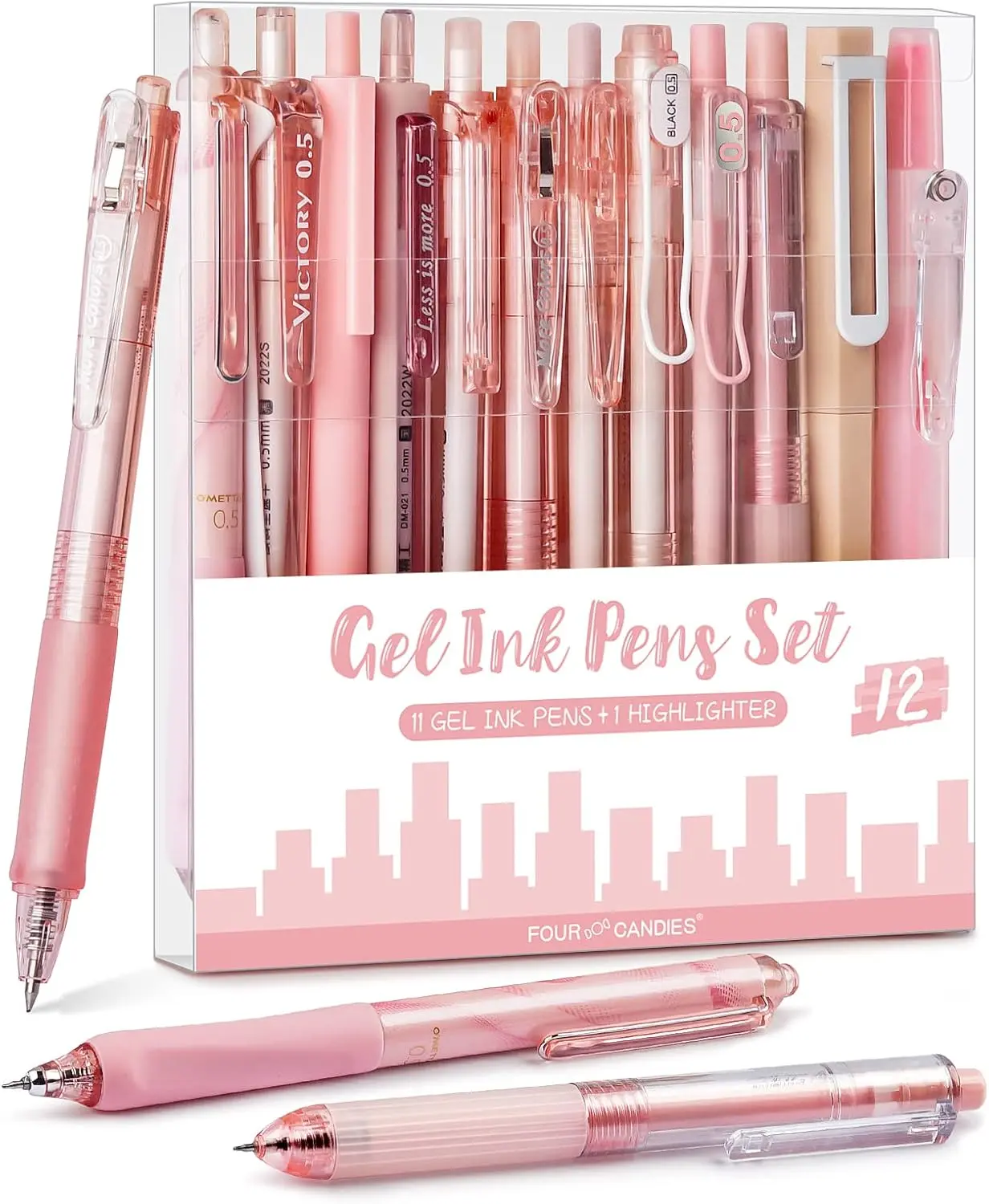 Four Candies Cute Gel Pens, Black Gel Ink, Rose - 12ct, 0.5mm Fine Point | Back to School Supplies, Nurse Essentials, Office Decor for Women, Girly Stationery Set, Aesthetic Desk Accessories