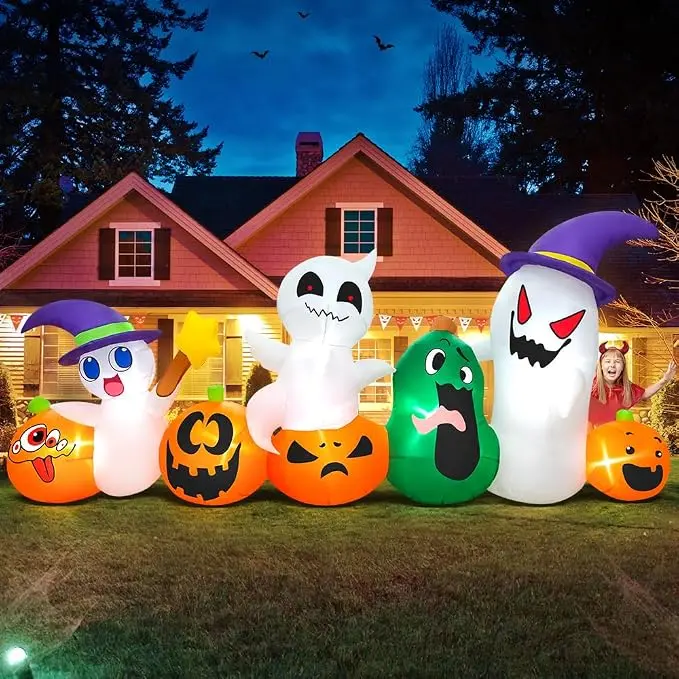 8FT Halloween Inflatable Ghost with Pumpkin LED Lights, Blow Up Outdoor Yard Decoration for Lawn, Garden, Porch & Holiday Party