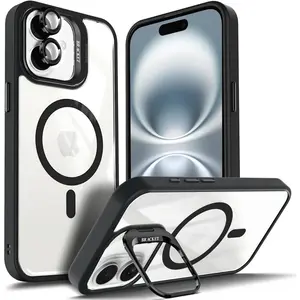 Designed for iPhone 17 Pro Max Phone Case,16 15 14 13 12 Pro Max Plus Black| Magnetic Compatible with MagSafe| Built-in Stand & Camera Lens Protector| Anti-Yellowing & Scratch-Resistant Crystal Clear Back Cover case