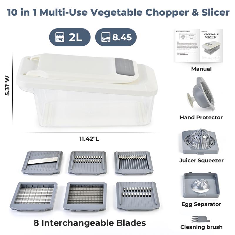 Simplify meal prep with our 8-piece multifunctional chopper set. It features a slicer and container for an efficient, all-in-one kitchen solution.