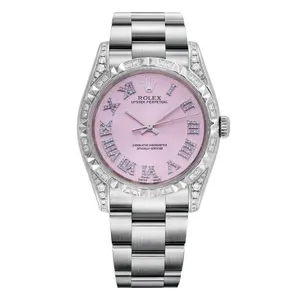 Rolex Oyster Perpetual 34 114210 Steel Engine-Turned Bezel Custom Pink Diamond Dial WHT030822