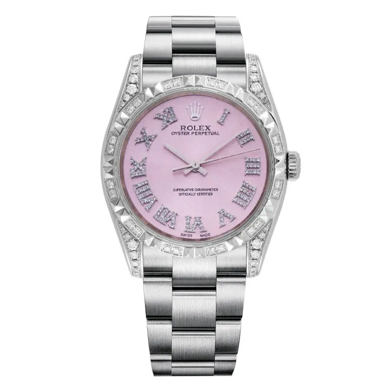 Rolex Oyster Perpetual 34 114210 Steel Engine-Turned Bezel Custom Pink Diamond Dial WHT030822