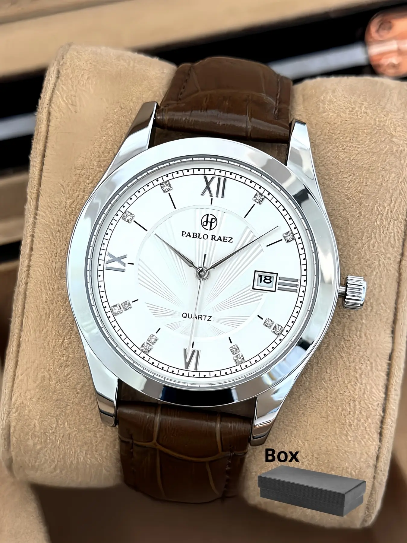 1PC Men's Business Watch, Sungrain Oil-pressed Surface 3D Dial, Calendar, Silver SUS304 Stainless Steel Case, Brown Leather Strap, Quartz Analog Wristwatch, Quartz Analog Timepiece, As A Gift For Father, Suitable For Daily Wear, Quartz Wristwatches