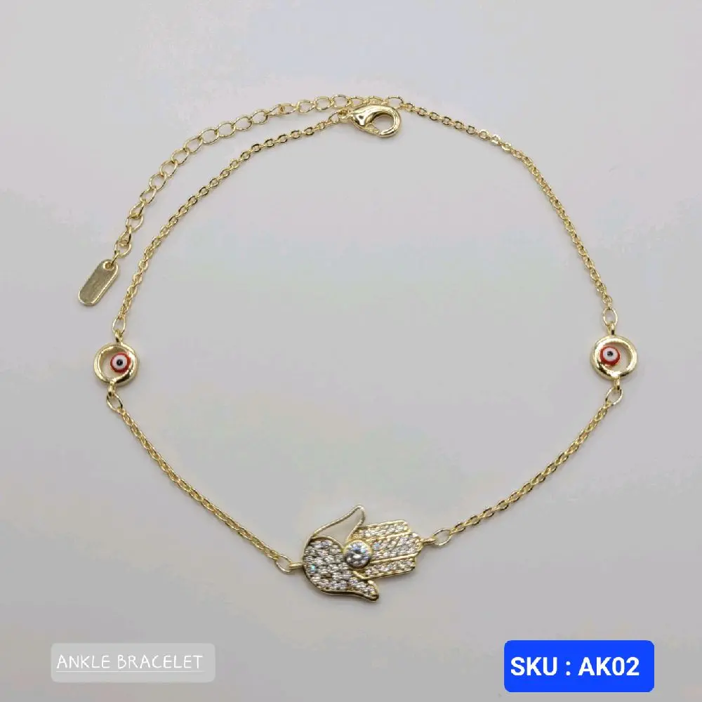 Ankle Bracelet Hand with Clear Stones and Red Evil EYE Adjustable 8.5 to 11 Inches ( 22 cm to 27 cm). Laminated Gold SKU AK02 Anklet