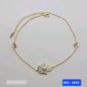 Ankle Bracelet Hand with Clear Stones and Red Evil EYE Adjustable 8.5 to 11 Inches ( 22 cm to 27 cm). Laminated Gold SKU AK02