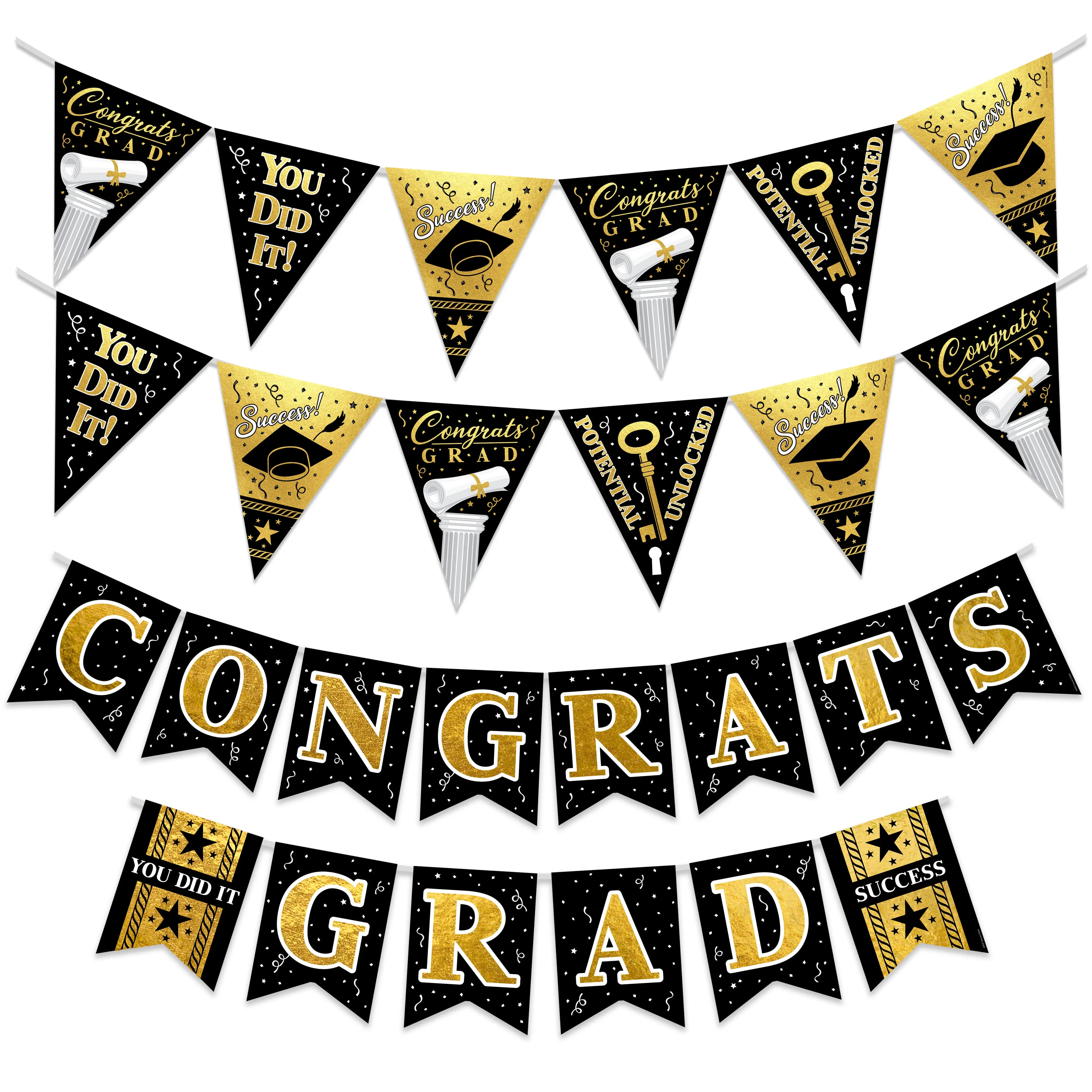 Gold Graduation Banner & Pennants Kit - Black and Gold Graduation Party Decorations