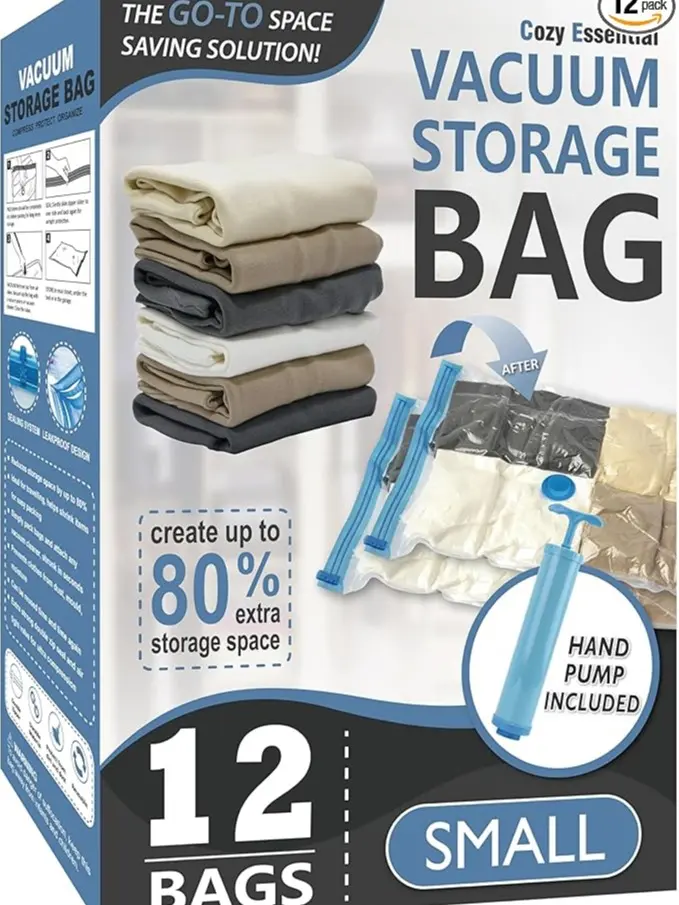 Cozy Essential 12 Pack Small Vacuum Storage Bags, 80% Space Saving Airtight Vacuum Compression Bags for Clothes, Blankets, Pillows, Bedding & Comforters, Compatible with Vacuum Sealer Machine