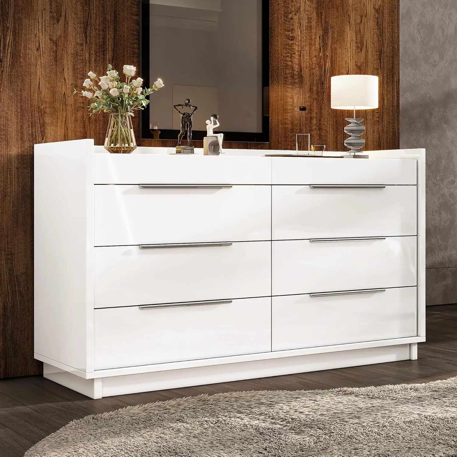 [SummerSale] AMERLIFE Modern LED 5/8 Drawer Dresser Set with Glass Tabletop, Jewelry Storage, Lift-Top Mirror & High Gloss Finish for Bedroom, Living Room, Dressing Room/Best Gift Ideas/Christmas Gifts