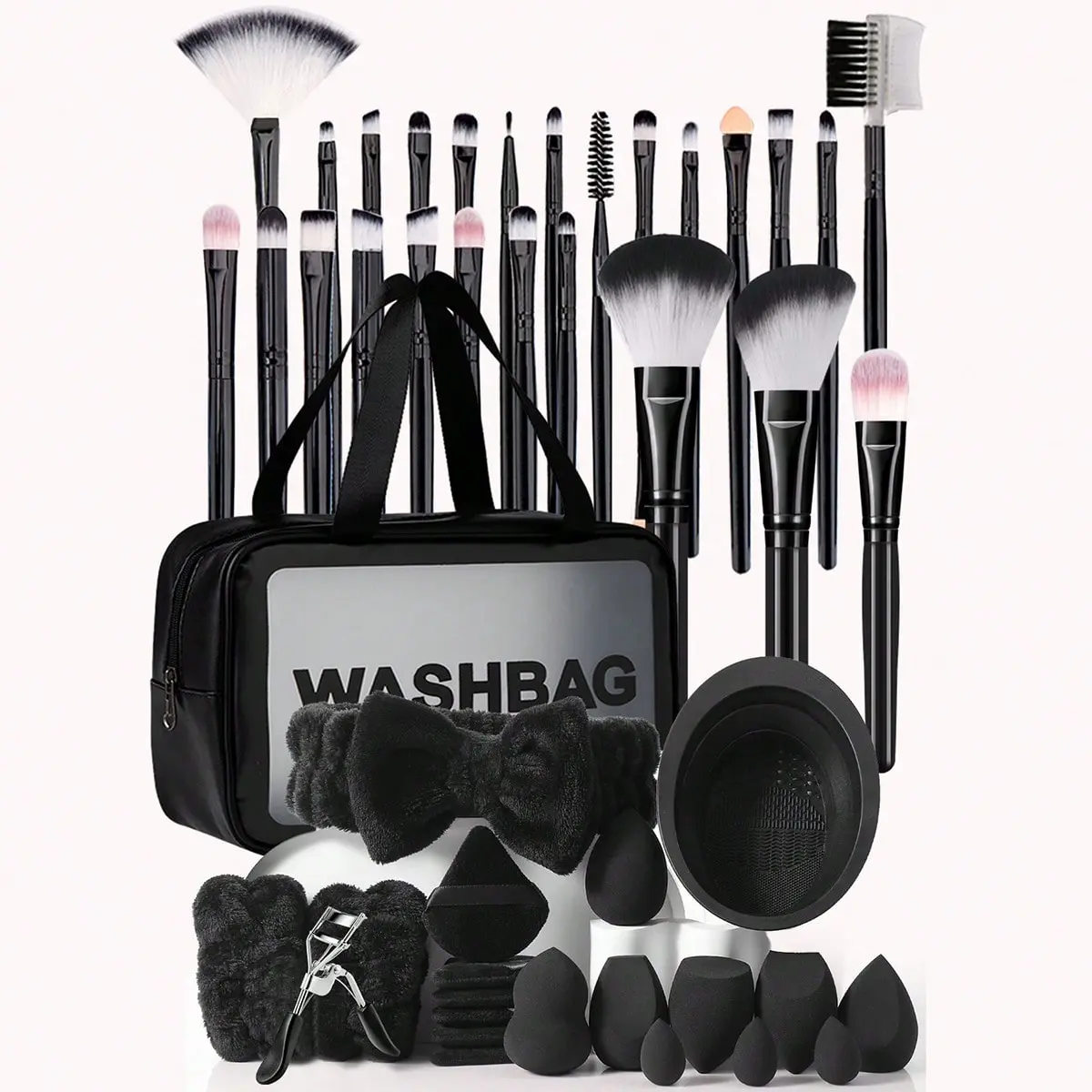Professional Makeup Brush Kit - 46-Piece Beauty Products Set with Storage Bag, 15 Puffs, Cleaning Bowl, Eyelash Clip, 2 Facial Wrist Bands, Headband for Cosmetic Tool Organization, Makeup Brushes Set, Flawless, Organized Setup, Adults, 46-Piece Set
