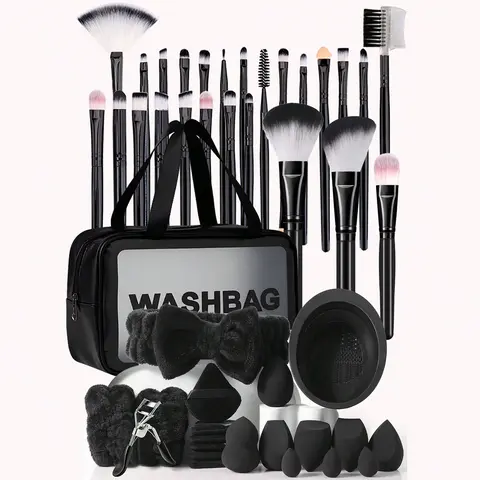 Professional 46-Piece Waterproof Makeup Brushes Set - Flawless Portable Beauty Kit with Storage Bag, 15 Puffs, Cleaning Bowl, Eyelash Clip, 2 Facial Wrist Bands, Headband for Adults (Brush-Type Sets & Kits)