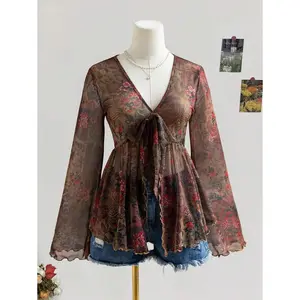 Women's Retro V-Neck Lace-Up Bowknot Flared Sleeve Asymmetrical Hem Top, Fall & Winter Women Clothes, Halloween Customs Women, Concert Thanksgiving, Christmas Women Clothes, Long Sleeve Thanksgiving Women, Christmas Top, Winter Women Top