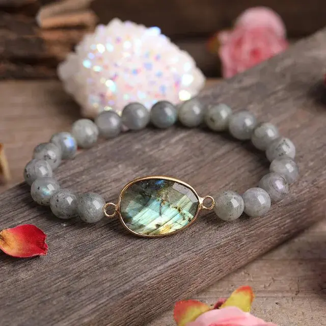 Natural Labradorite Healing Meditation Protection Handmade 8mm Beaded Stretchy Bracelet for Men Women