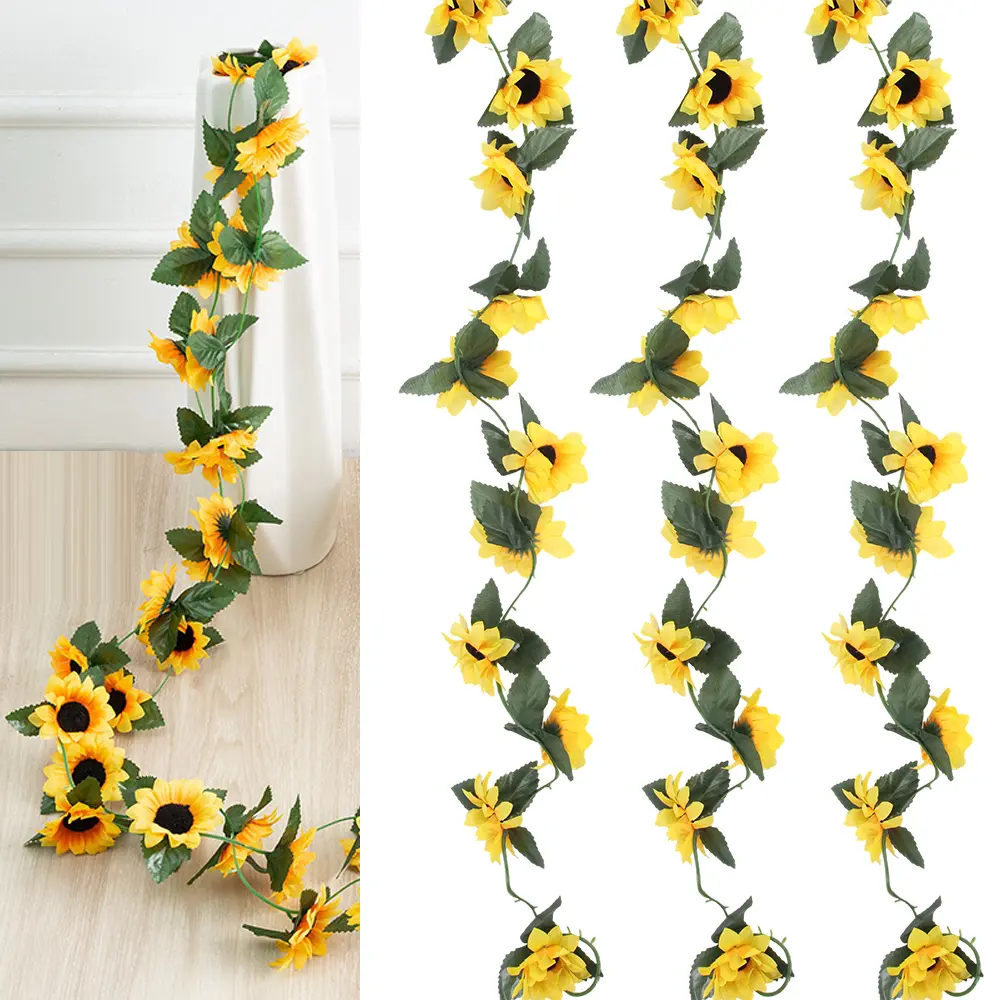 Decorative 3-Pack Artificial Sunflower Garland, 7.5ft/Strand Silk Hanging Vines with Green Leaves for Home Kitchen Garden Party Decor