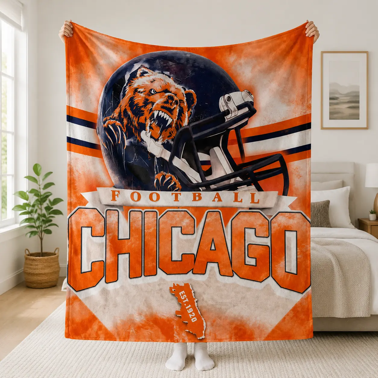 hicago Football Bear Helmet Flannel Blanket – Soft Cozy Throw for Fans, Warm Fleece Blanket for Couch, Bed & Game Day, Sports Fan Gift, Home Decor, Lightweight All-Season Blanket