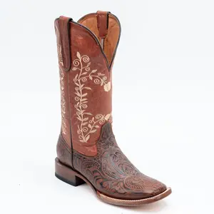 TANNER MARK WOMEN’S Conroe Hand Tooled Cognac Print Cowgirl Boots Whit Floral Embroidery Top