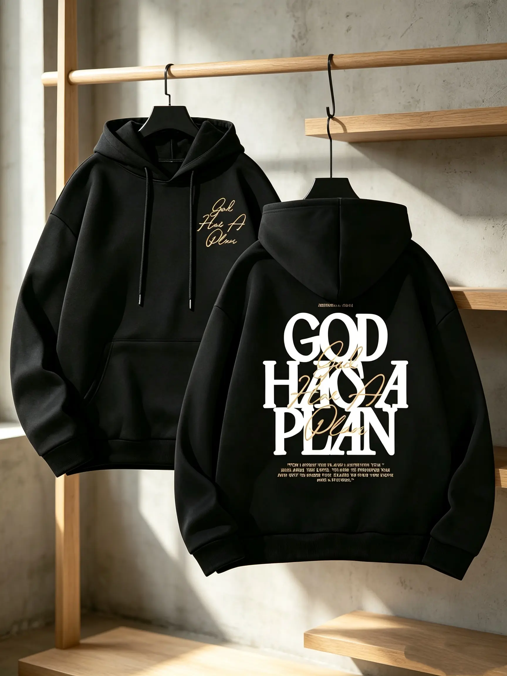 Double Side Faith Hoodie, Thick Brushed Fleece Drawstring Hooded Sweatshirt, Front Tiny Handwriting Script & Back Large Layered Typography Scripture Print, Relaxed Fit Religious Apparel For Church Worship Daily Casual Wear