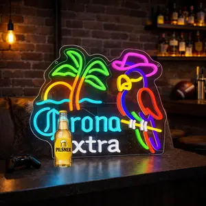 Dimmable Tropical Parrot LED Neon Sign, 14.57 x 11.42 in Colorful Beer Bar Wall Decor Light with Clear Acrylic Backboard for Home Bar, Pub, Lounge, Man Cave