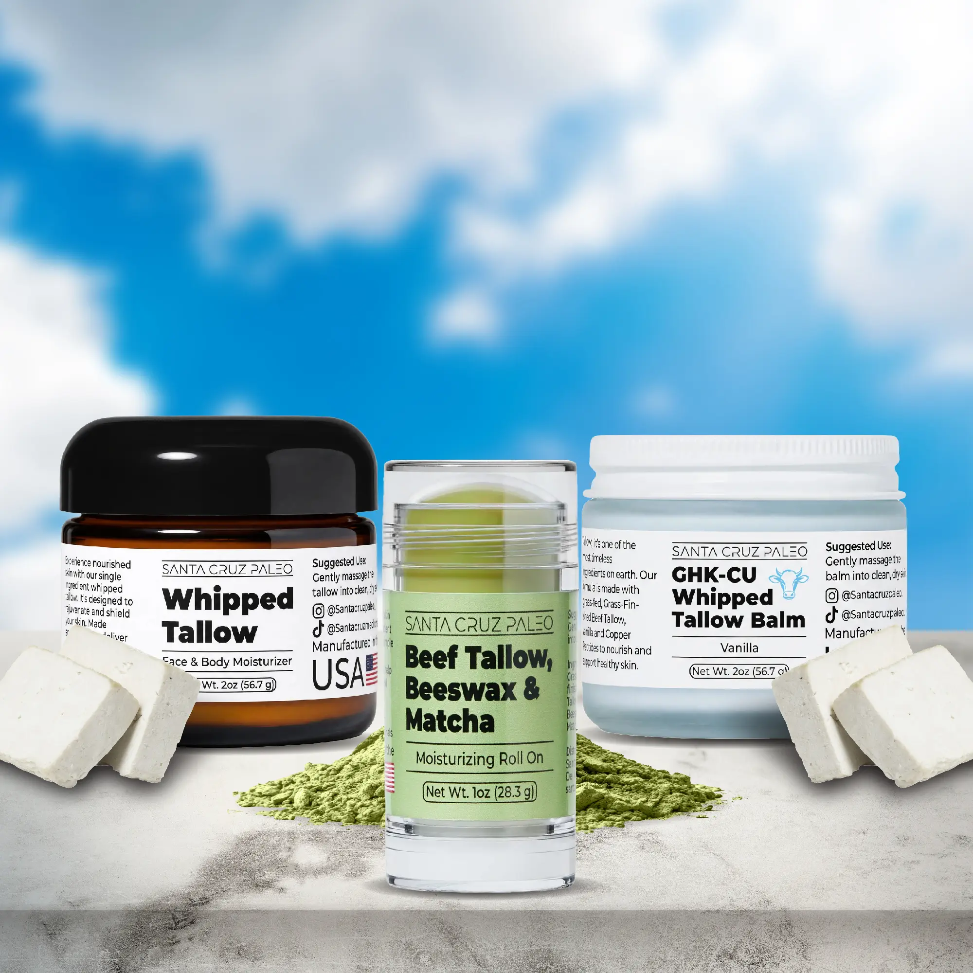 The Ultimate Glow Bundle - Santa Cruz Paleo GHK-Cu Whipped Tallow Balm + Copper Peptide, Vanilla, 2 Oz, Santa Cruz Paleo Whipped Tallow Face & Body Moisturize, & Matcha Stick