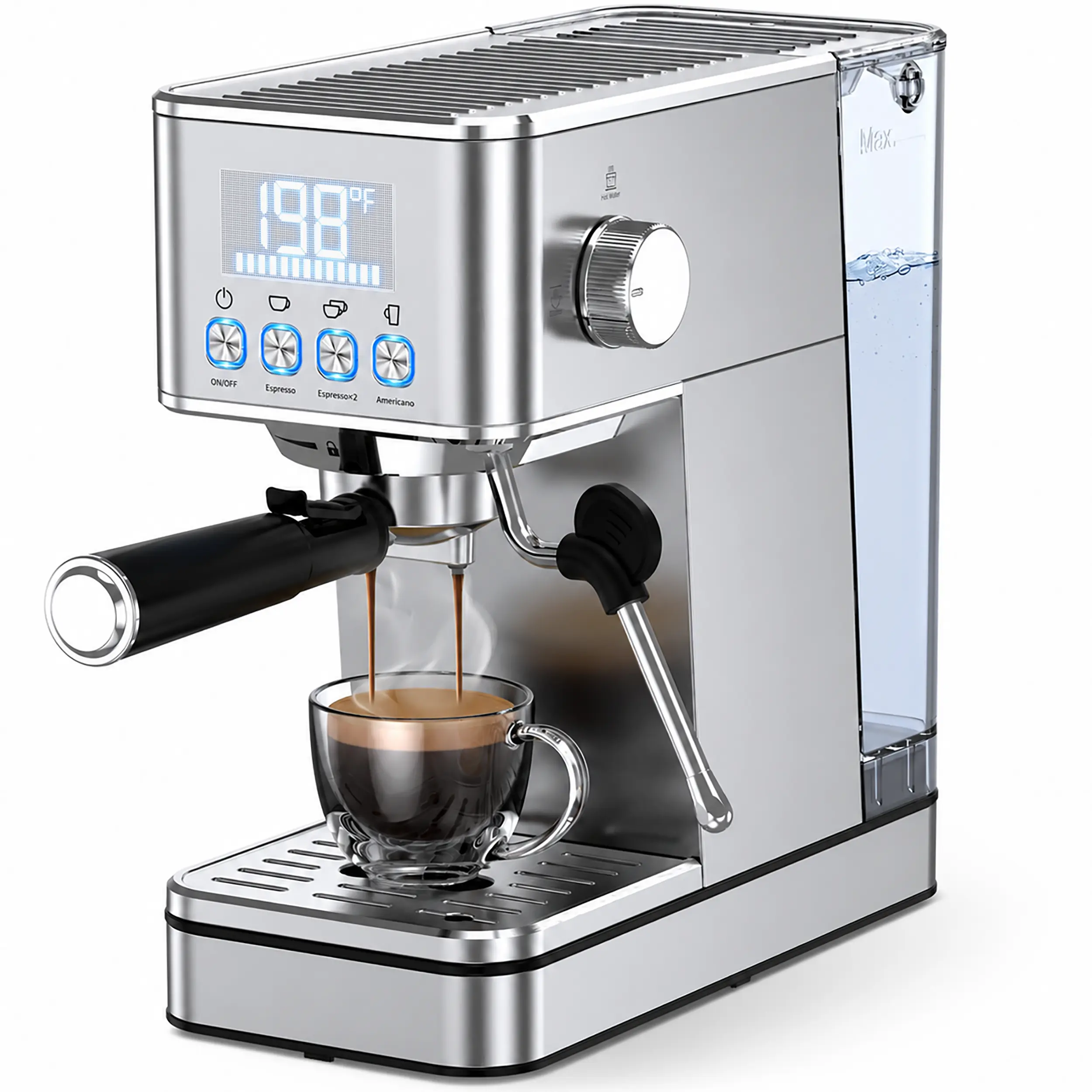 Espresso Machine, 20Bar Compact Stainless Espresso Maker, With Milk Frother Steam Wand, 57.5OZ Removable Water Tank, Displays Making Time & Water Temperature, Cold Brew & Cappuccino, Silver
