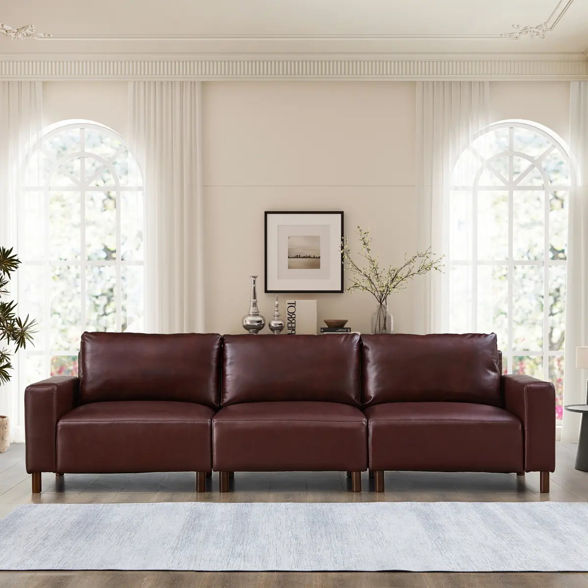 Burgundy 3-Seat Luxury PU Leather Living Room Sofa - 112in L x 31.9in W x 33.8in H, Breathable Faux Leather, Square Arms, Solid Wood-Plywood-Spring-Foam Support, Durable Wood Legs, 300lbs Per Seat, 159lbs Total, Assembly Required, Three-Seat