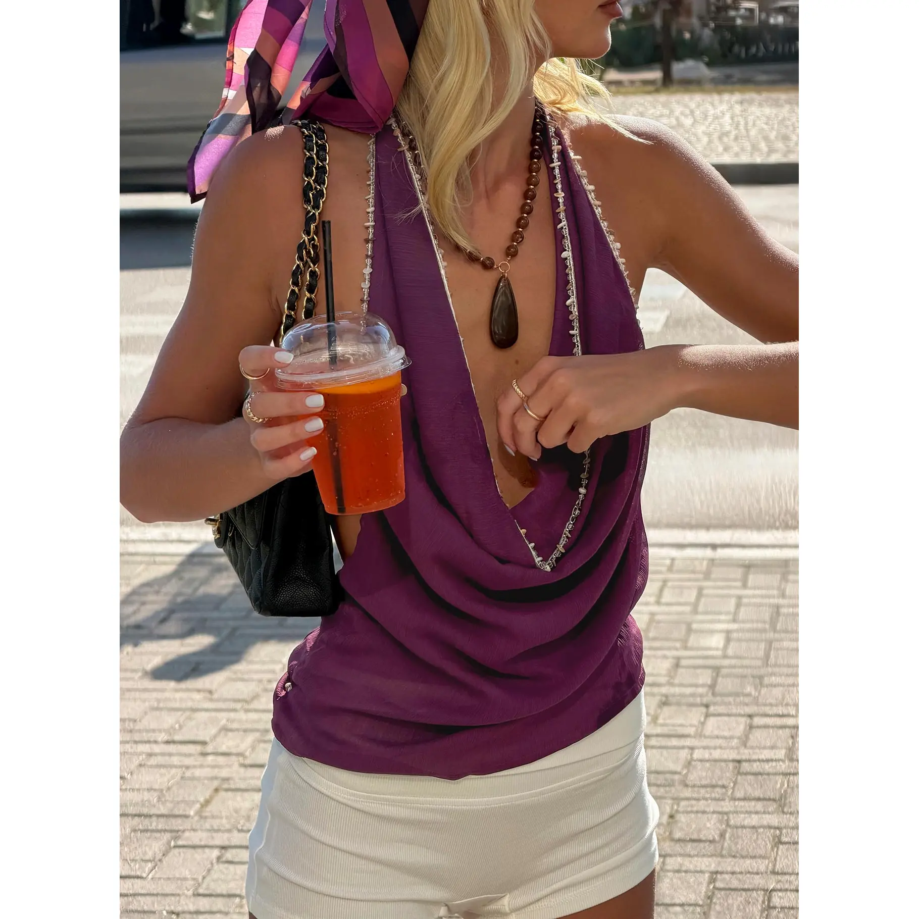 Static Romance Cowl Neck Backless Top Plum