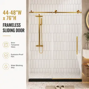 44-48"W x 76"H Frameless Sliding Shower Door, Clear Tempered Glass, Brushed Gold Finish