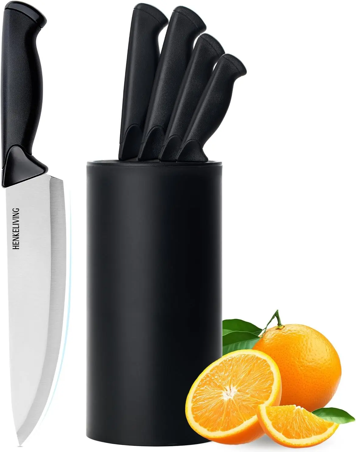 6-Piece German High Carbon Stainless Steel Kitchen Knife Block Set, Plain Cutting Knives with Ergonomic Design, Ultra Sharp, Durable, Polypropylene Block, Easy to Clean, Black, Knives Kitchen Set