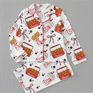 Chicken Nuggets Coquette Satin Pajamas for Women ,Funny Cute Chicken Sleepwear, Comfy Satin Lounge Set for Holiday Gift