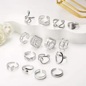 FLORIDECO 15–16 pcs stainless steel knuckle rings for women and men — open stacking set, simple adjustable silver thumb rings