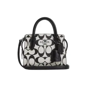 Coach Andrea 15 Tote Bag for Women – Classic Monogram Canvas with Leather Trim, Silver and Chalk Pink, Zip Closure