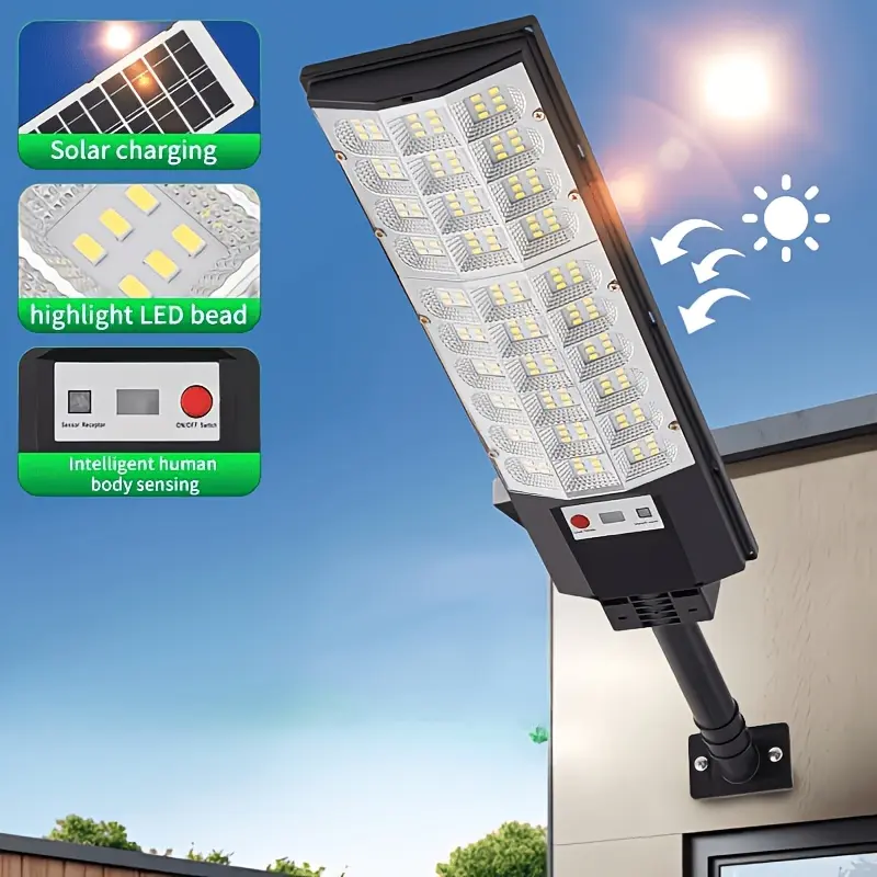 Outdoor Solar Street Lights, IP65 Waterproof Motion Sensor Solar Lights, 7000K Dusk-to-Dawn Parking Lot Floodlights, Wall-Mounted/Pole-Mounted Design, Suitable for Streets, Parking Lots, and Yards, Automatically Turn On from Dusk to Dawn