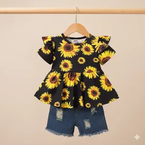 Toddler Girl Sunflower Print Ruffle Sleeve Top & Distressed Denim Shorts Set - Cute Summer Outfit for Kids