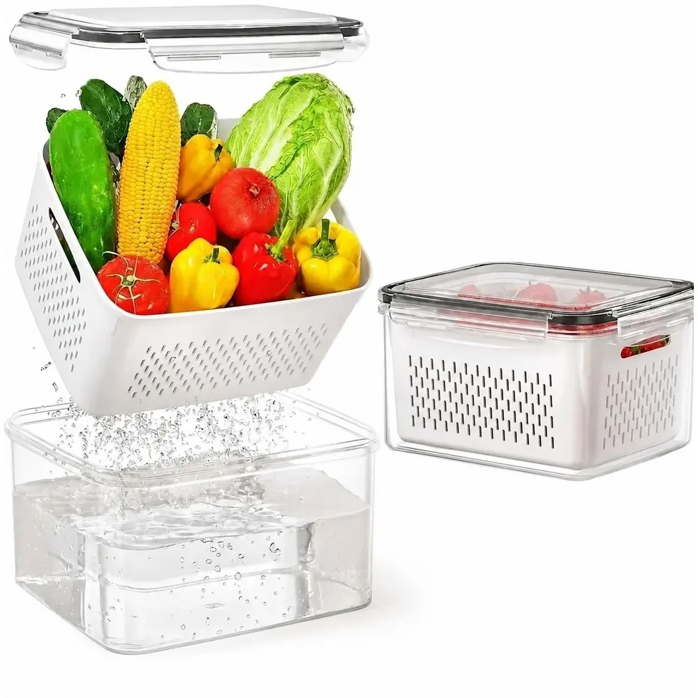 2/4/6 Pack Dual Drain Fully Leakproof Partition Fridge Vessel, Core PP Tub, Clear Snack Storage Holder For Produce