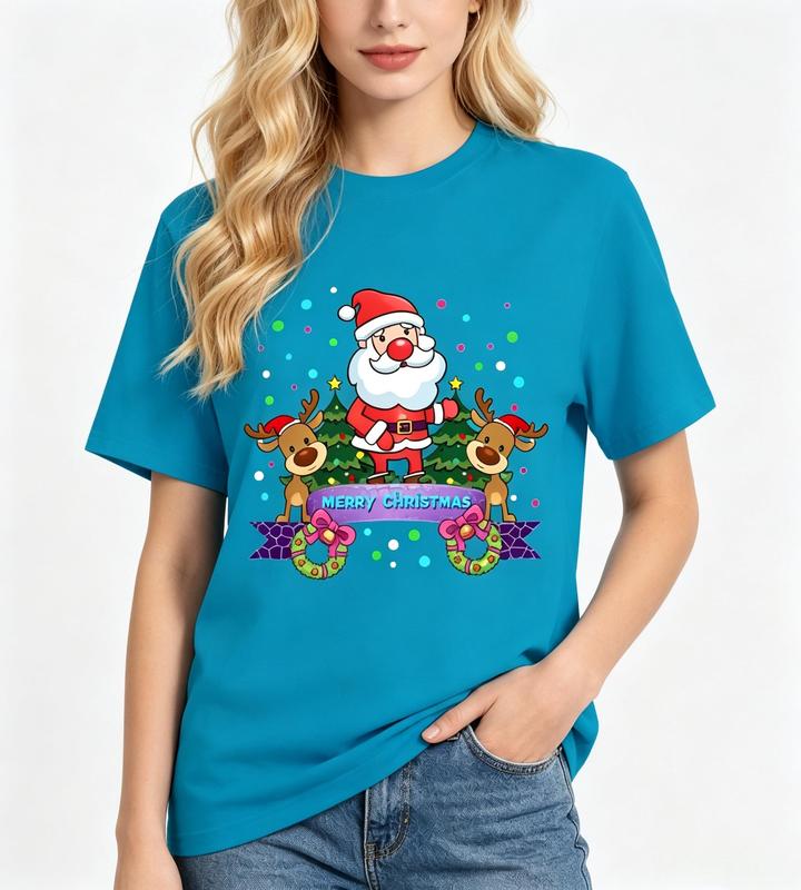 Women's Cute Holiday Cartoon Santa Claus Reindeer Crew Neck Short Sleeve Graphic T-Shirt - Blue, Christmas Tree Wreath Casual Comfortable Beach-Style Tops for Women, Tshirt #sohochic