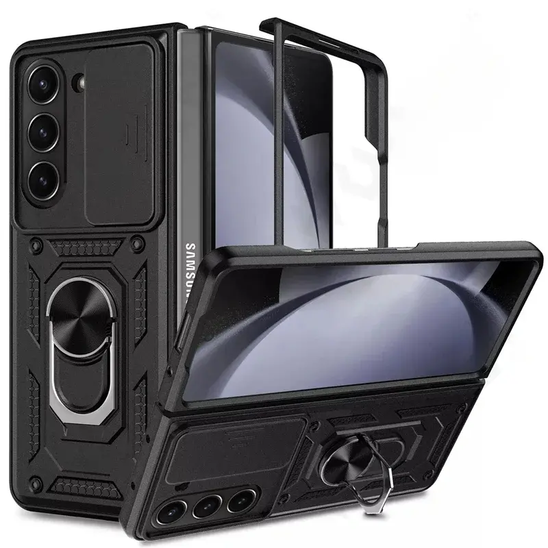 Military Grade Shockproof TPU Phone Case Cover Pouch for Samsung Galaxy Z Fold 3/4/5/6/7, Rugged Armor Casing with Magnetic 360-Degree Ring Kickstand Holder, Slide Lens Camera Protection, With Holder