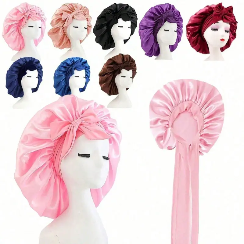 Silky Satin Sleep Bonnet for Women Adjustable Bow Ties Luxurious Hair Protection Cap Curly Natural Hair Multi Color Soft Nighttime Hair Care Essential Bonnet Shower Cap Hair Products Barber Salon Beauty Travel Back To School Holiday Essentials