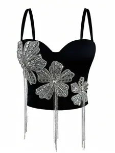 Black Diamond Studded Sparkling Flower Camisole Top Sexy Woman Fishbone Corset Worn Outside