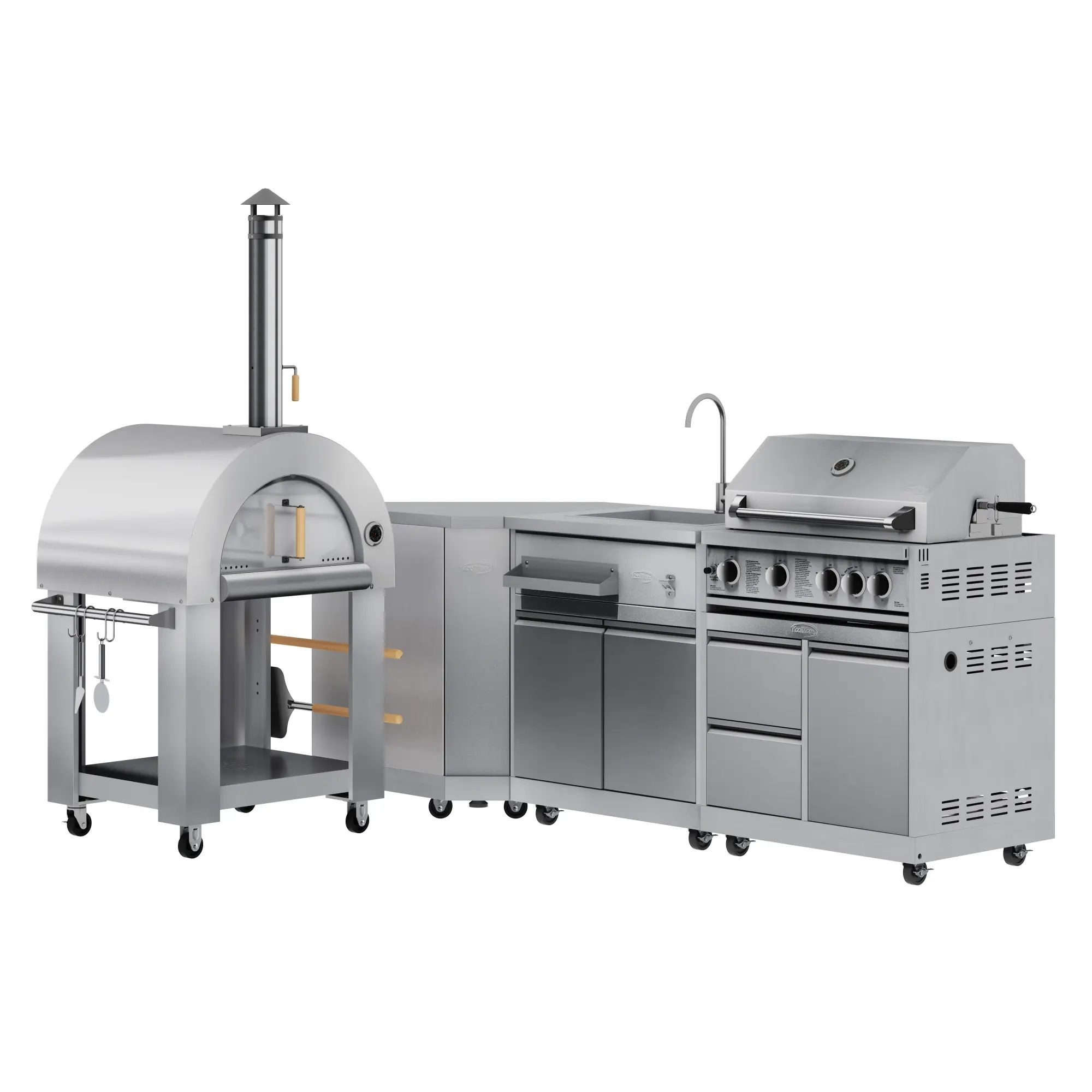 KoolMore High-Performance Modular Outdoor Kitchen Series (KM-OKSKIT-CONFIG104) - Stainless-Steel Set with Wood Fire Pizza Oven, Corner Cabinet, Integrated Sink, 30-in. BBQ Grill, 30-Inch Bbq Grill