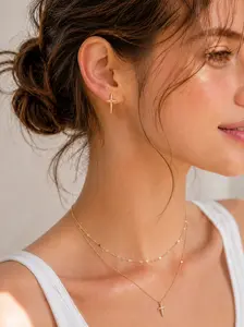 SET - Layered Cross Pendant Necklace & Minimalist Cross Stud Earrings