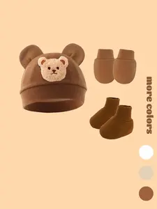 3PCS Newborn Gift Set, Cute Cartoon Bear Decorated Baby Hat + Mittens + Booties. Soft, Skin-Friendly, Comfortable and Breathable Cap for Baby Boys and Girls, Suitable for Daily Matching, Newborn Essential Set