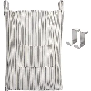 AELS Farmhouse Hanging Laundry Hamper with 2 Hooks, Washable Beige & Stripes Linen Laundry Bag with Zipper & Wide Open Top, over the Door Organizer for Dirty Clothes, Space Saving Storage AELS