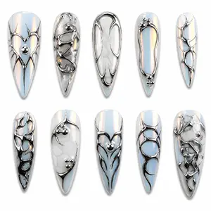 Unlock00 CHROME BIO-MECH IRIDESCENT - Almond Handmade Press On Nails | Easy To Apply, Long Lasting, High Quality