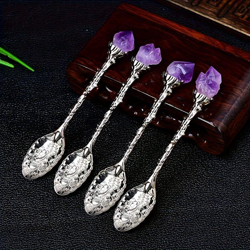 1/2/4/7pcs Natural Amethyst Flower Coffee Spoons Decorative Tea Spoons, Purple Crystal Spoons,Vintage Carved Spoons Dessert Spoon Ice Cream Spoons Hand Polished Raw Stone Crystal,Lucky home