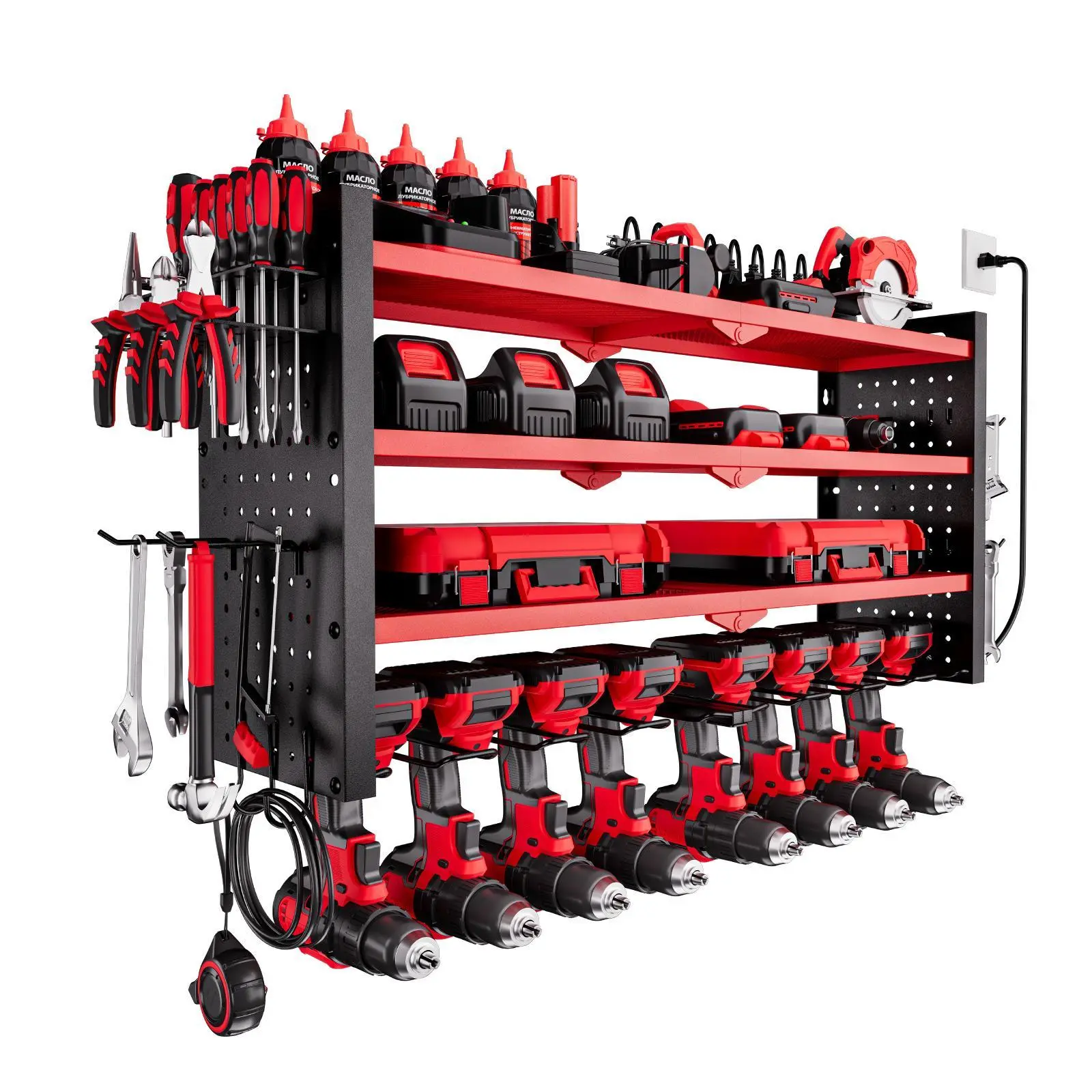 VEVOR Black Carbon Steel Power Tool Organizer with Charging Station, 4-Layer Rack (8 Drill Slots, Side Pegboard, 8-Outlet Power Strip, Mounting Kit, Straight Hook), 240 lbs Capacity, 32.87x8.66x16.54 inches, Wall Mount for Garage Organization, DIY Users