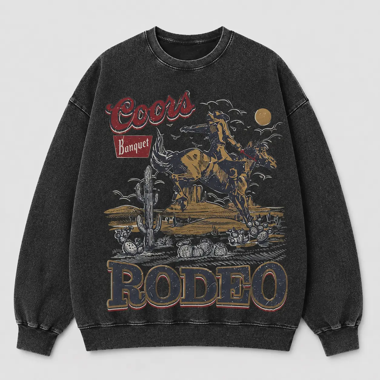 Men's Western Rodeo Cowboy Washed Sweatshirt, Black Crew Neck Longsleeve Pullover with Desert Horse Print, Distressed Vintage Streetwear Fashion Top, Size S-5XL, Ribbed, Longsleeves